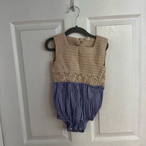 Kate Quinn Tan and Blue Crochet Romper Size 2T
